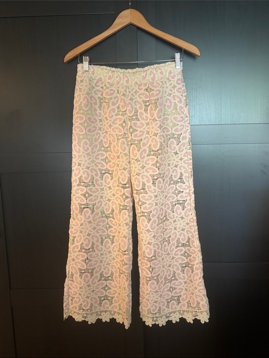 Johnny Was Pants - Johnny Was Cream and Light Pink Crochet Wide-Leg Crop pants